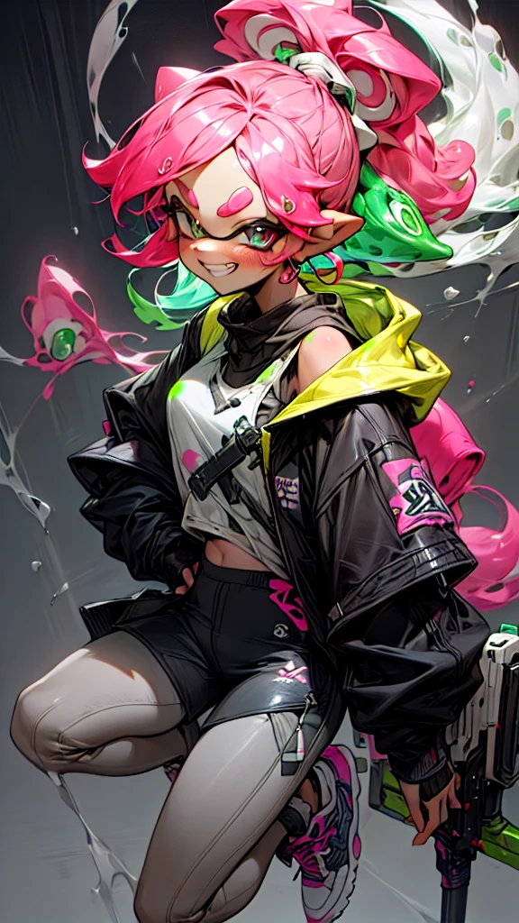 (best quarity,ultra detailed,ultra-high-resolution, 8k, masterpiece), very-cute-and-beautiful-anime-girl,highly-detailed-face-and-eyes, graffiti, neon colors, splatoon, 1girl, grin, tanktop, hoodies, show off shoulder, short-pants, sneakers, Equipping with weapons,