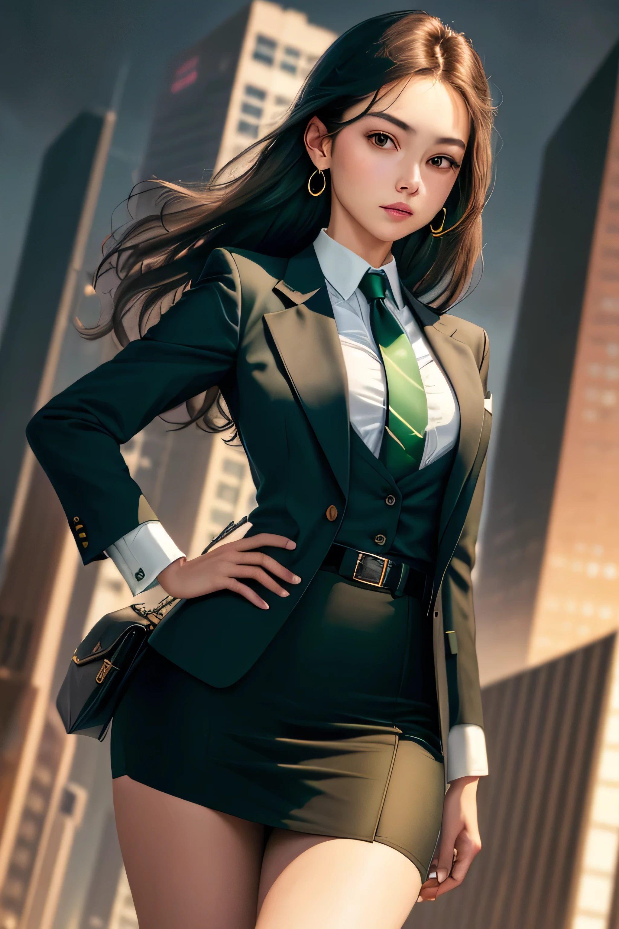 (Masterpiece, Best Quality),(((From Bottom, Depth of field, dutch angle, Green lighting))), She's a girl, 1girl, Floating hair, 1girl, solo, formal, Hand in pocket, suit, black gloves, building, looking a viewer, black necktie, partially fingerless gloves, white  shirt, City, exteriors, black jacket, belt,  ((skirt suit)), suit and tie, (((three-piece suit))), silk dress shirt, (((shirt and tie))), (((shirt collar))), (((long necktie))), ((blazer)), ((open blazer)), ((suit jacket)), (((waistcoat with lapel))), (dress shirt), ((bodycon miniskirt)), (((pencil skirt))), pantyhose, tights, stockings, tie clip, pocket square, tailored suit, (((cufflinks))), pocket watch, pantyhose, high heels, earrings, ear piercing,, shirt with collar, Brown eyes, Standing, long sleeves, gray hairs, urban landscape, open jacket, Cowboy shot, skyscraper, night time, extra very long hair