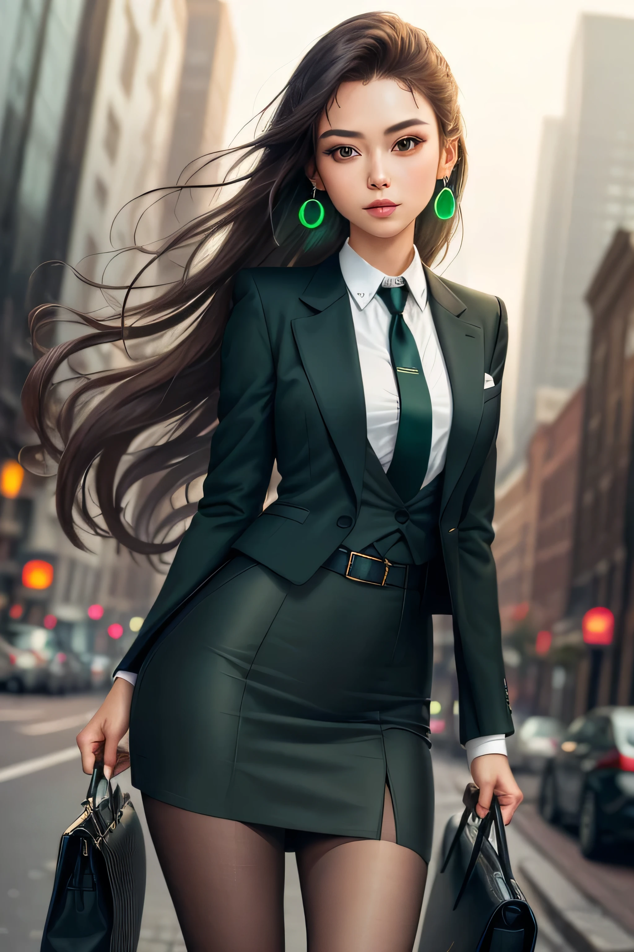 (Masterpiece, Best Quality),(((From Bottom, Depth of field, dutch angle, Green lighting))), She's a girl, 1girl, Floating hair, 1girl, solo, formal, Hand in pocket, suit, black gloves, building, looking a viewer, black necktie, partially fingerless gloves, white shirt, City, exteriors, black jacket, belt, ((skirt suit)), suit and tie, (((three-piece suit))), silk dress shirt, (((shirt and tie))), (((shirt collar))), (((long necktie))), ((blazer)), ((open blazer)), ((suit jacket)), (((waistcoat with lapel))), (dress shirt), ((bodycon miniskirt)), (((pencil skirt))), pantyhose, tights, stockings, tie clip, pocket square, tailored suit, (((cufflinks))), pocket watch, pantyhose, high heels, earrings, ear piercing,, shirt with collar, Brown eyes, Standing, long sleeves, gray hairs, urban landscape, open jacket, Cowboy shot, skyscraper, night time, extra very long hair