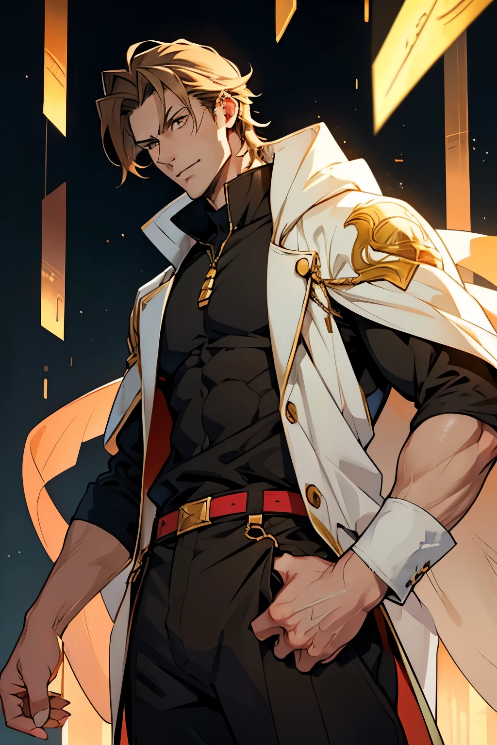 Tall anime man 6' 3" tall and 35 years old with a robust body, slightly yellowish brown hair, golden eyes approximately honey, wears a black outfit with white details on the arms and legs