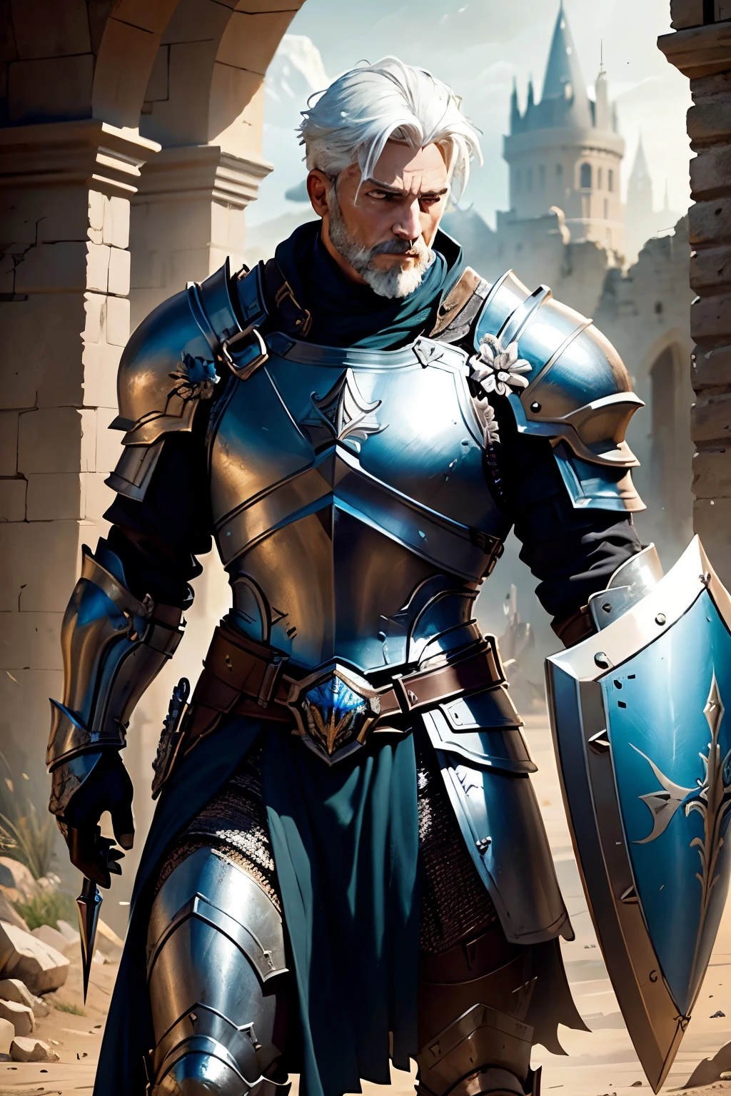 ((Best quality)), ((masterpiece)), ((realistic cartoon)):Parrying a blade,Blocking Shield, Heavy Armored paladin with a large shield, White Hair, Short Hair, Blue Eyes, Battle, Full Body, White Armor, Full Armor,Burning Battlefield. The scene is set in a thematically rich environment, castle in ruin, battlefield. The lighting, crafted with a cinematic touch, emphasizing aura surrounding the veteran soldier.

Every element of this masterpiece is carefully designed to create a sense of realism and immersion. The intricacies of the  veteran soldier armor, the mesmerizing effects of his power, and the level of detail in his weathered face all contribute to a captivating visual experience. This artwork is presented in stunning UHD resolution, allowing you to appreciate every nuance and intricacy in breathtaking detail.
View from the side, scenic, masterpiece,mtg art,magic the gathering art.