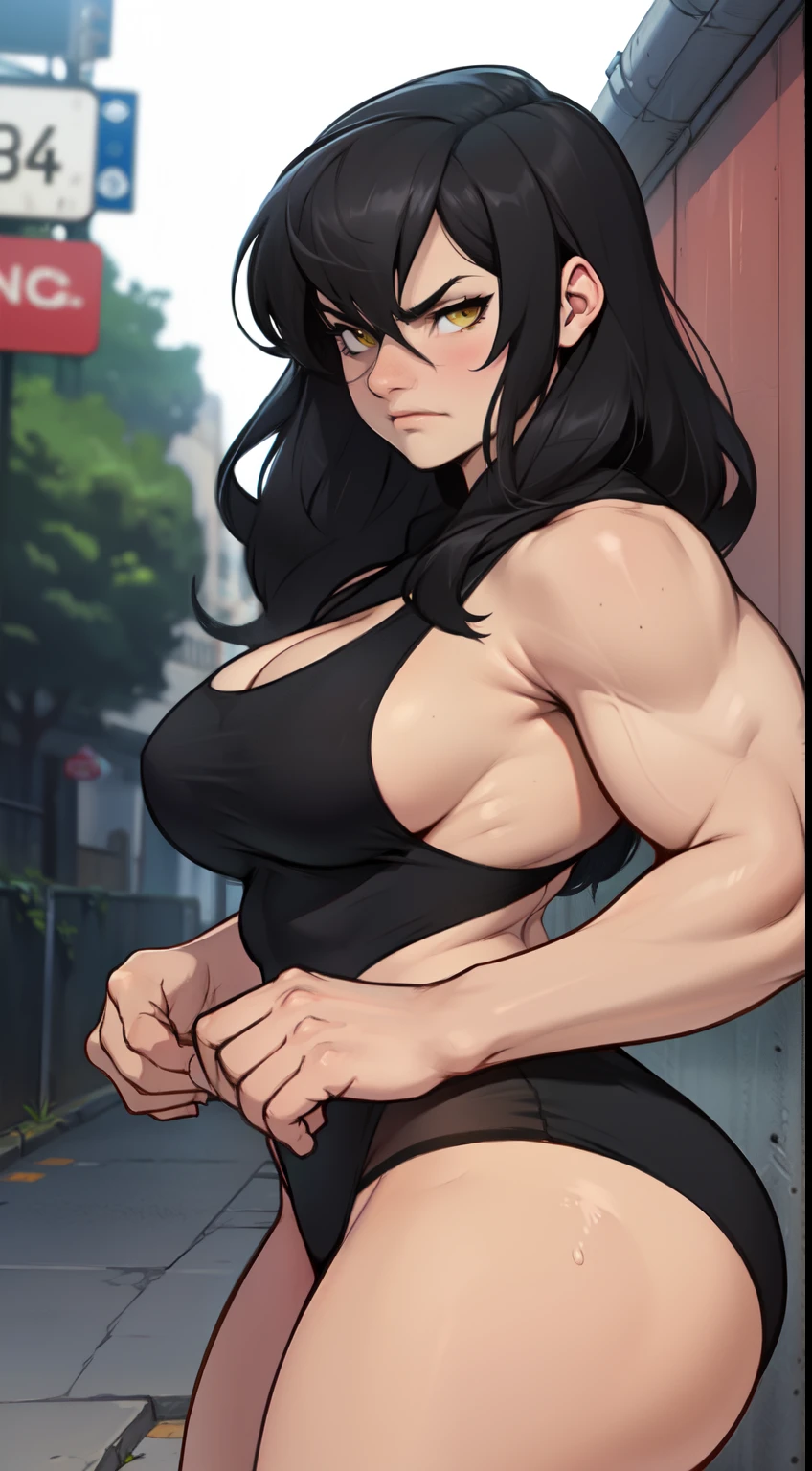 muscular girl thick breasts black hair yellow eyes pale skin best quality sad frown thick girl