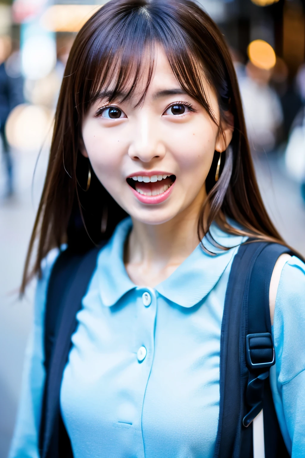 Masterpiece, 8K, high quality, high resolution, beautiful Japanese woman, 30 years old, (detailed face, detailed eyes), ((Open mouth wide, surprised face)), alone on the street, full-body photo