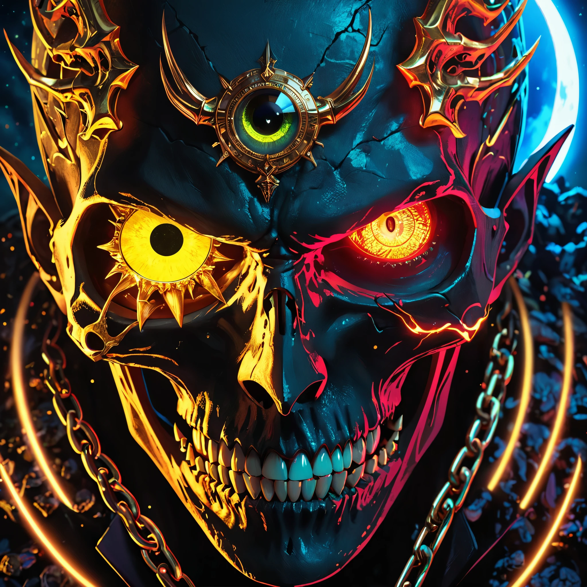 Masterpiece,Best Quality,Hyper Detailed,Cinematic Light,Intricate Detail,Highres,Official Art,Detailed Glow,(A red skull), Steel claws,neon glowing teeth, portrait, Rostland, Benedict Barna, Morel, (((Gold Jewelry))), (eyes's pupil is composed of a moon-shaped image.:1.8), Miracle, Dark atmosphere, Black Forest background, ((blue Neon glowing)),Characteristics of dragons,Jewelry accessories, Diffraction peak, Vibrant colors,Concept Artist,Electronic Links, Metal chains, SplitScreen art,Surreal fantasy style,2.5D, ((splitscreen of skull and dragon sskull)),