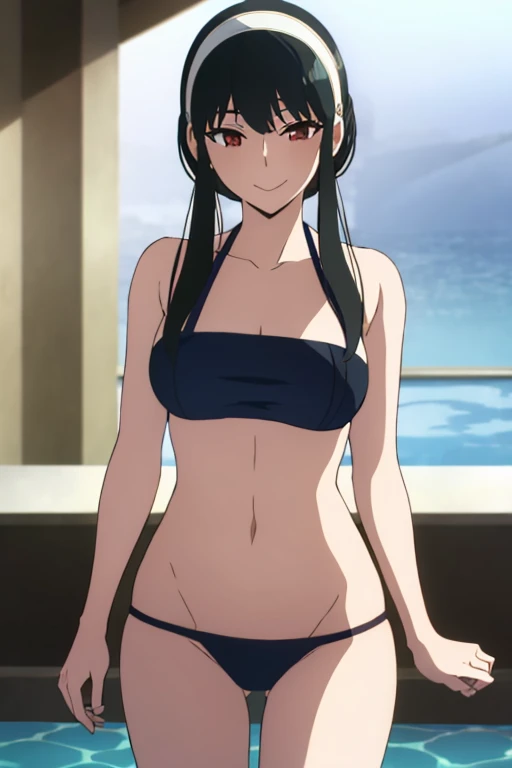 (masterpiece, highest quality: 1.2), alone, 1 girl, alone,bikini，Pool，your heather, smile, Mouth closed, View audience, Long 黒 hair, head band,  Earrings, Big Breasts, Medium Waist, Medium Hips, wide thighs, Embarrassing, charm, smiling with her Mouth closed, Good move..., Excellent anatomy,bikini，