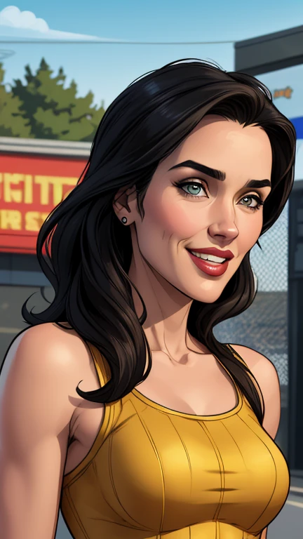 Xena warrior princess GTA sensual portrait mode sesys style Cartoon style digital illustration Monica Bellucci together boyfriends Cartoon style character GTA mode portrait Character cartoon style facial expression happy beautiful smile and six medium small portrait mode waist up with lots of gold around her other precious stones mode waist-up portrait queen of the south Jennifer Connelly GTA scenery dominatrix gold coins chest with jewelry with her black-bearded home boyfriend