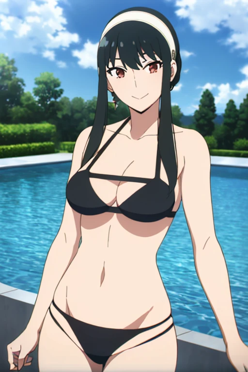 (masterpiece, highest quality: 1.2), alone, 1 girl, alone,bikini，Pool，your heather, smile, Mouth closed, View audience, Long 黒 hair, head band,  Earrings, Big Breasts, Medium Waist, Medium Hips, wide thighs, Embarrassing, charm, smiling with her Mouth closed, Good move..., Excellent anatomy,bikini，