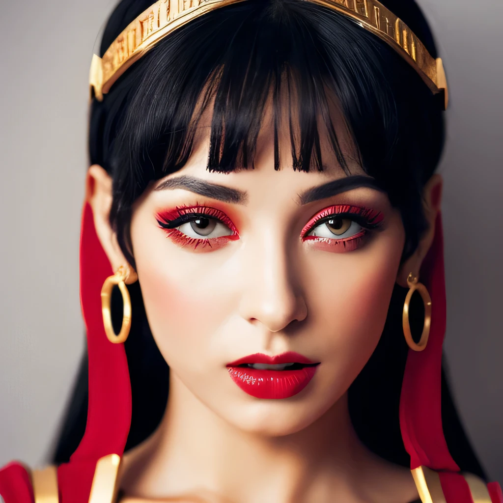 Cleopatra vii labios rojos gruesos seductora faraona con mirada provocativa escote cuerpo entero cintura marcada sacando sensualmente la lengua 