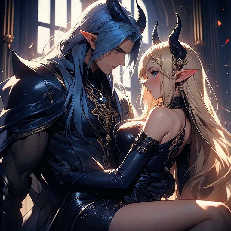 female adult elf with darkblonde hair, and a male elf dark blue long hair and demon horns male with dark blue hair and demon horns having sex, sex, dominant male
