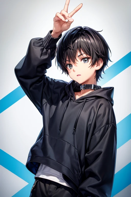 A boy with black hair and blue hoddie 