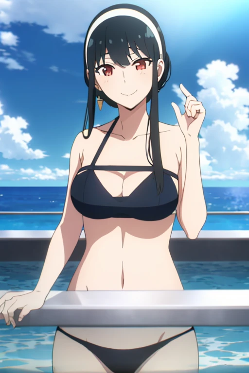 (masterpiece, highest quality: 1.2), alone, 1 girl, alone,bikini，Pool，your heather, smile, Mouth closed, View audience, Long 黒 hair, head band,  Earrings, Big Breasts, Medium Waist, Medium Hips, wide thighs, Embarrassing, charm, smiling with her Mouth closed, Good move..., Excellent anatomy,bikini，