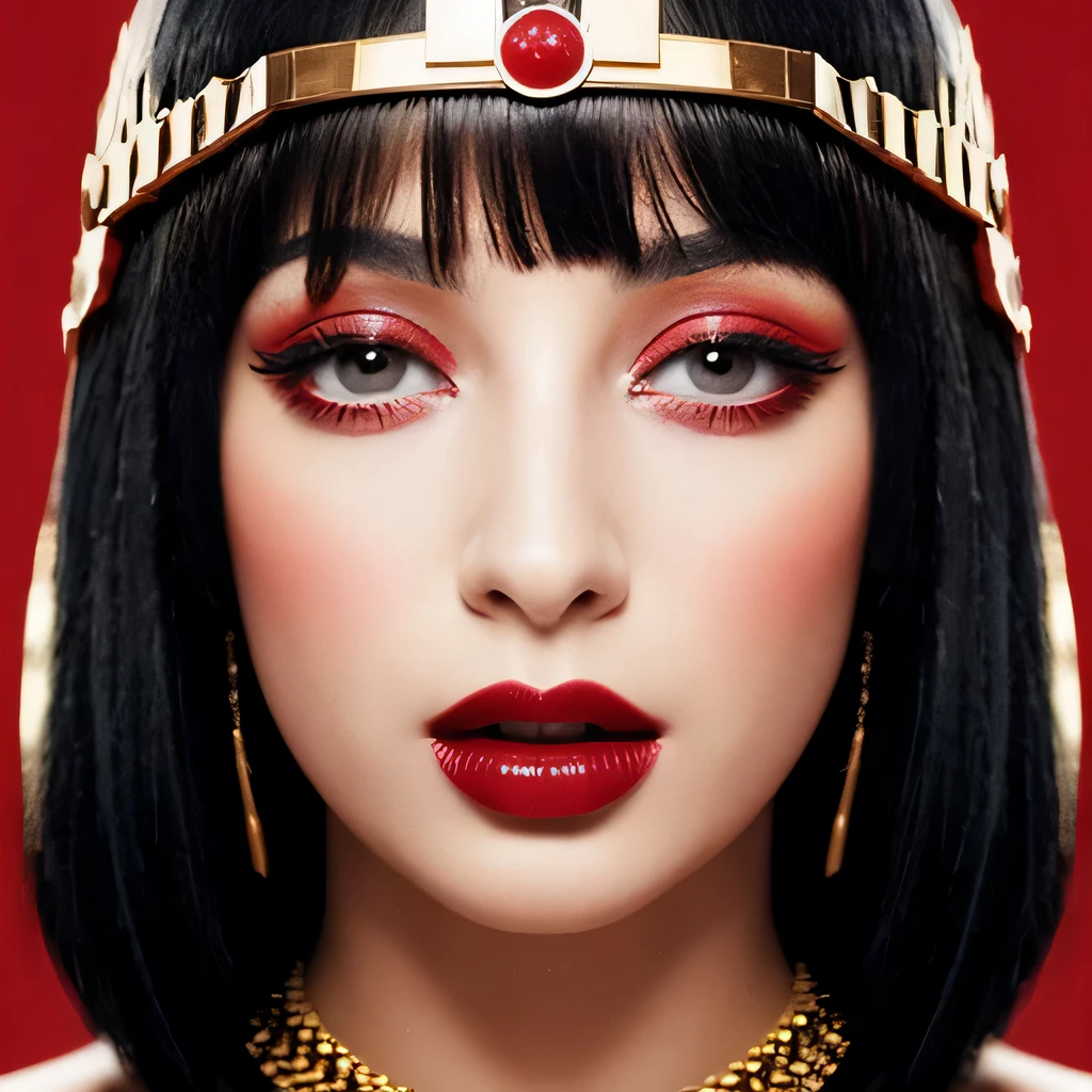 Cleopatra vii labios rojos gruesos seductora faraona con mirada provocativa escote cuerpo entero cintura marcada sacando sensualmente la lengua 