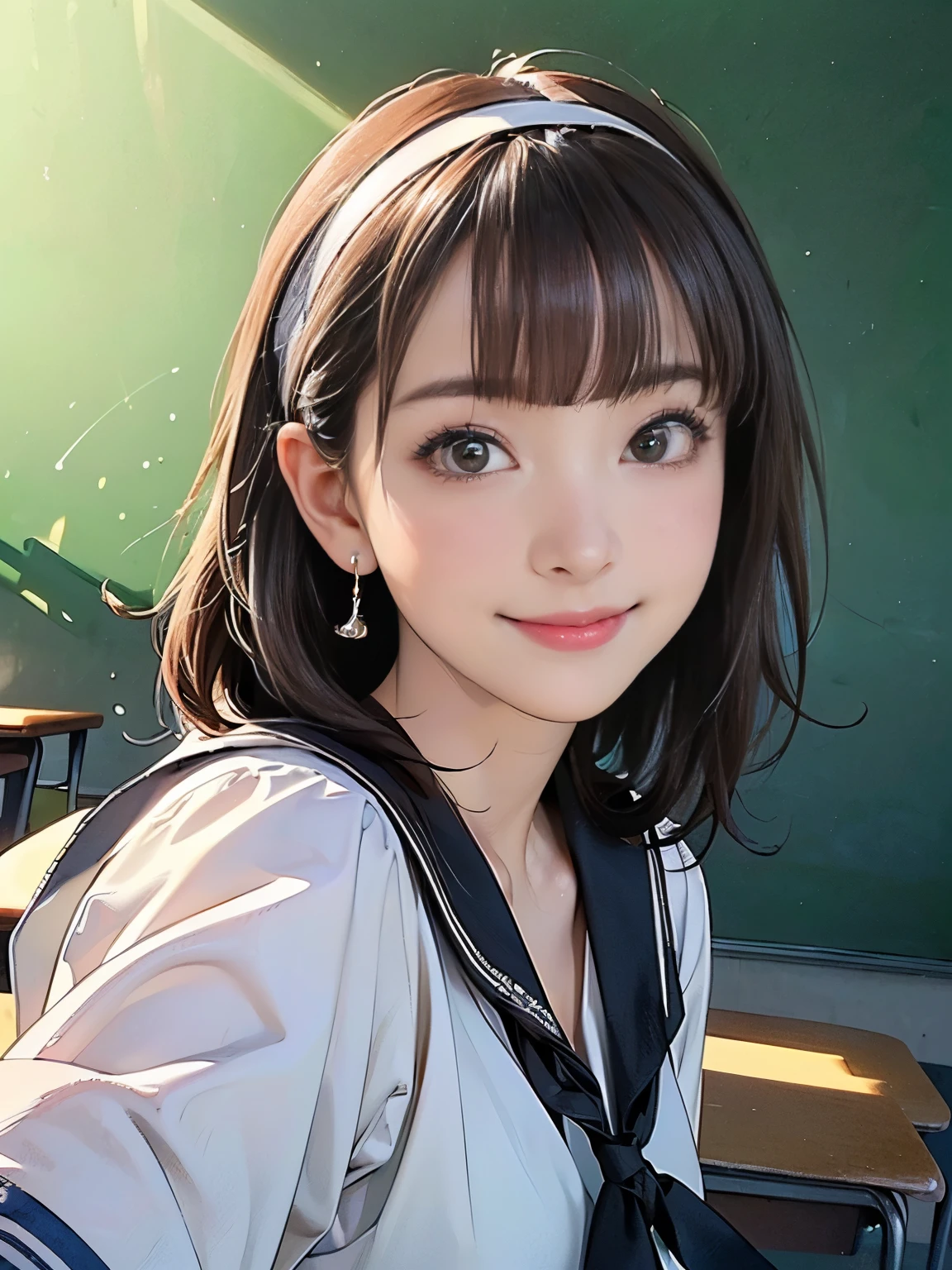 ((((highest quality))))、(((Ultra-precision CG16K wallpaper)))、(((masterpiece)))、(((Super detailed)))、(((Extreme detail)))、((１Mature 29 year old woman:1.6))、((Very beautiful Japanese faces))、((Yua Mikami:1.5))、((Straight medium hair、blunt bangs:1.5))、(Shiny brown hair)、Beautiful delicate brown eyes、eyeliner、eye shadow、High nose、Small nostrils、Small Mouth、Seductive lips、Beautiful breasts、((C cup size breasts))、Cleavage、Voluptuous body、eight-headed body、Perfect proportions、Perfect Anatomy、Perfect composition、Beautiful detailed shading、Beautiful, natural lighting、Beautiful detail glow、Depth of written boundary、(((High chroma)))、(((Real:1.9)))、((vivid:1.5))、((Beautiful Skin))、((Skin Texture))、((Realな皮膚感))、(((Cowboy Shot:1.6)))、((Front view、Front low angle:1.6))、(((Smile:1.5)))、(Woman is facing the front:1.6)、Bright daylight、Natural light、(((classroom、blackboard:1.5)))、(Gravure idol pose:1.5)、(((High school girl wearing sailor uniform:1.6)))、((Earrings、Wearing a hair band:1.3))、