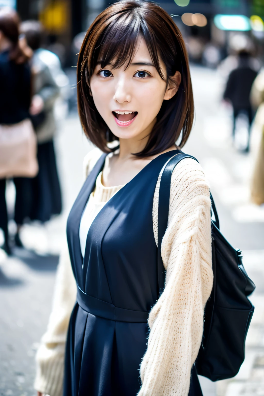 Masterpiece, 8K, high quality, high resolution, beautiful Japanese woman, 30 years old, (detailed face, detailed eyes), ((Open mouth wide, surprised face)), alone on the street, full-body photo