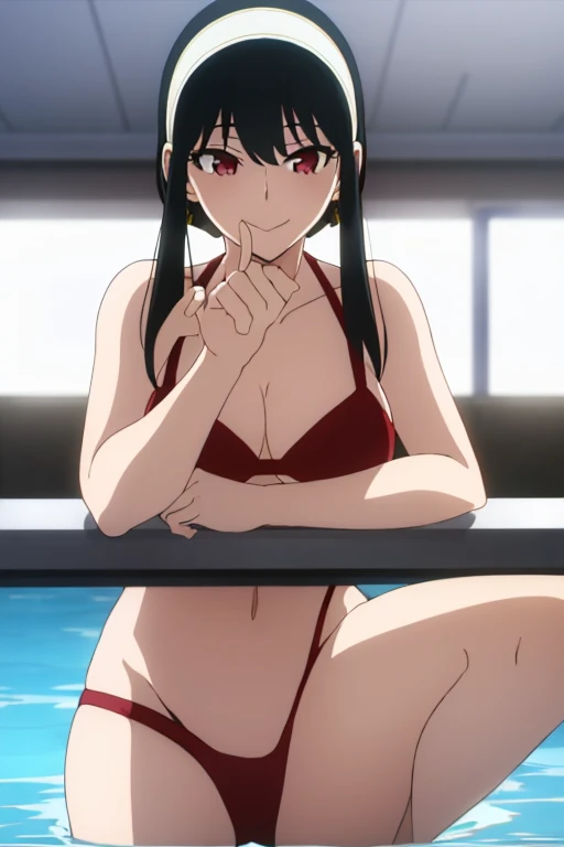 (masterpiece, highest quality: 1.2), alone, 1 girl, alone,bikini,Pool,your heather, smile, Mouth closed, View audience, Long 黒 hair, head band, Earrings, Big Breasts, Medium Waist, Medium Hips, wide thighs, Embarrassing, charm, smiling with her Mouth closed, Good move..., Excellent anatomy,bikini,