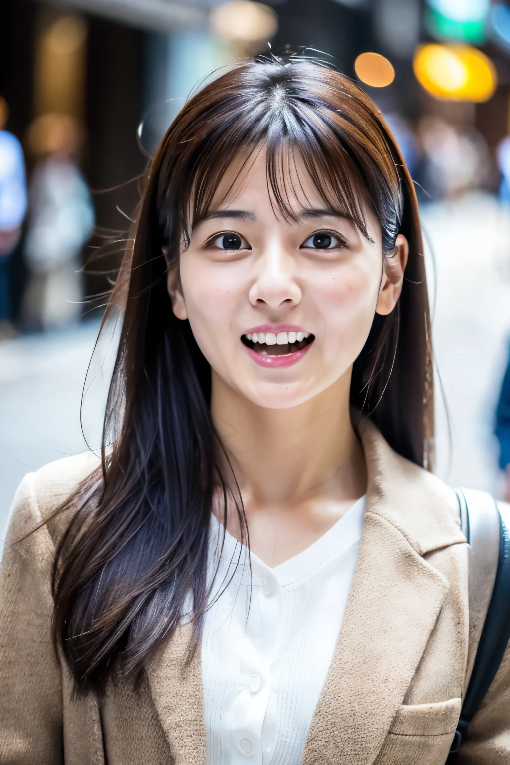 Masterpiece, 8K, high quality, high resolution, beautiful Japanese woman, 30 years old, (detailed face, detailed eyes), ((Open mouth wide, surprised face)), alone on the street, full-body photo