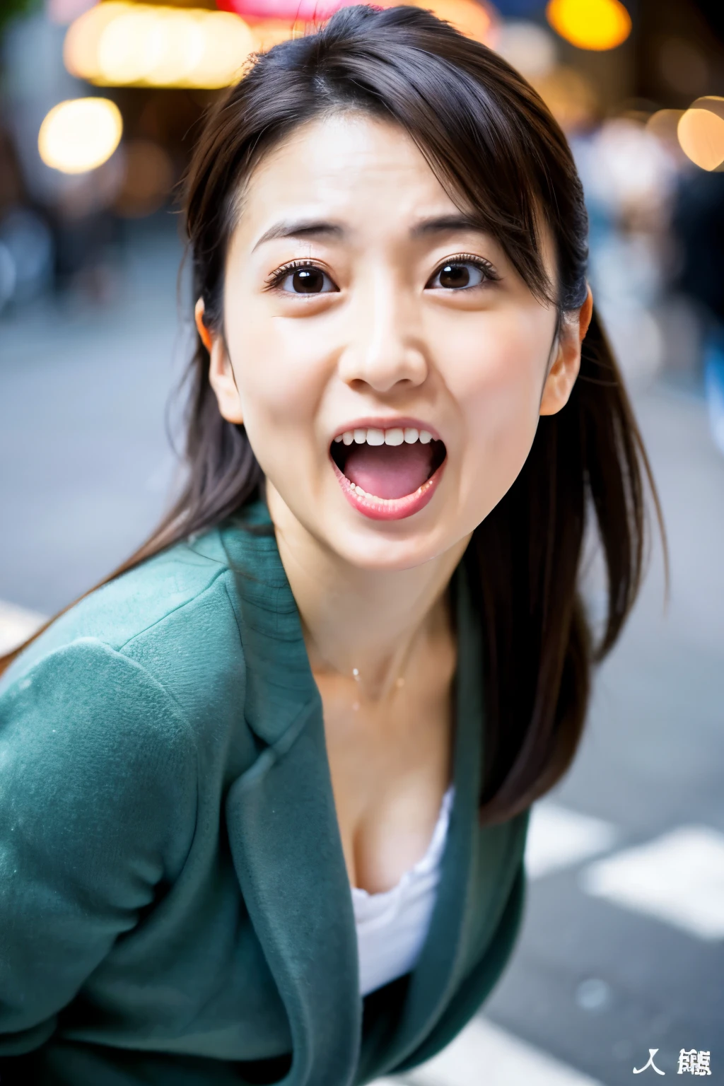 Masterpiece, 8K, high quality, high resolution, beautiful Japanese woman, 30 years old, (detailed face, detailed eyes), ((Open mouth wide, surprised face)), alone on the street, full-body photo