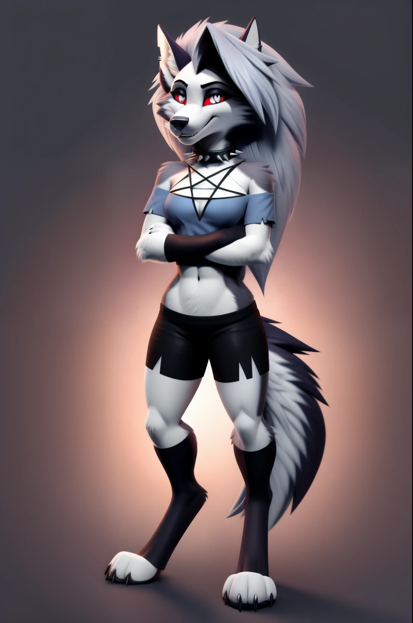 masterpiece, best quality, loona hellhound, loonacroptop, loonashorts, detailed face, detailed eyes, (slit pupils, white eyes), red sclera, happy, [smile, [spiked collar]], pentagram, fingerless gloves, shorts, digitigrade, standing, arms crossed, simple background