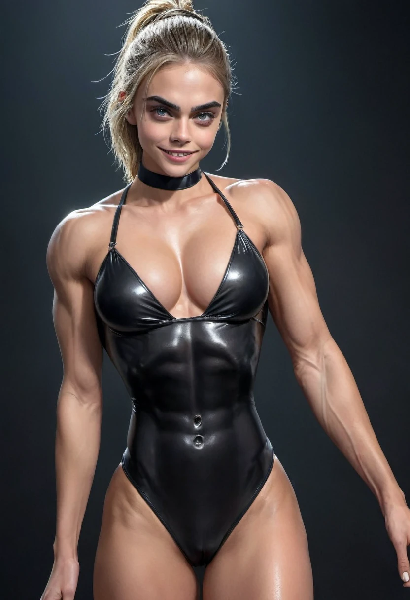 (1 girl), (cara delevingne:1.25), ((wide shoulders & upper body:1.5)), (very skinny legs:1), (huge muscular arms:1.5), (muscular girl with huge breasts and latex thong:1.5), (ten pack abs:1.5), (full body view:1.25), ((large muscular veiny breasts:1.25)), choker, (sculpted muscles:1.25), detailed eyes, (muscular body:1.25), (looking at viewer), (smile:1.25), (blank dark background:1.5), in the art style of peter mohrbacher, (beautiful girl face:1.25)