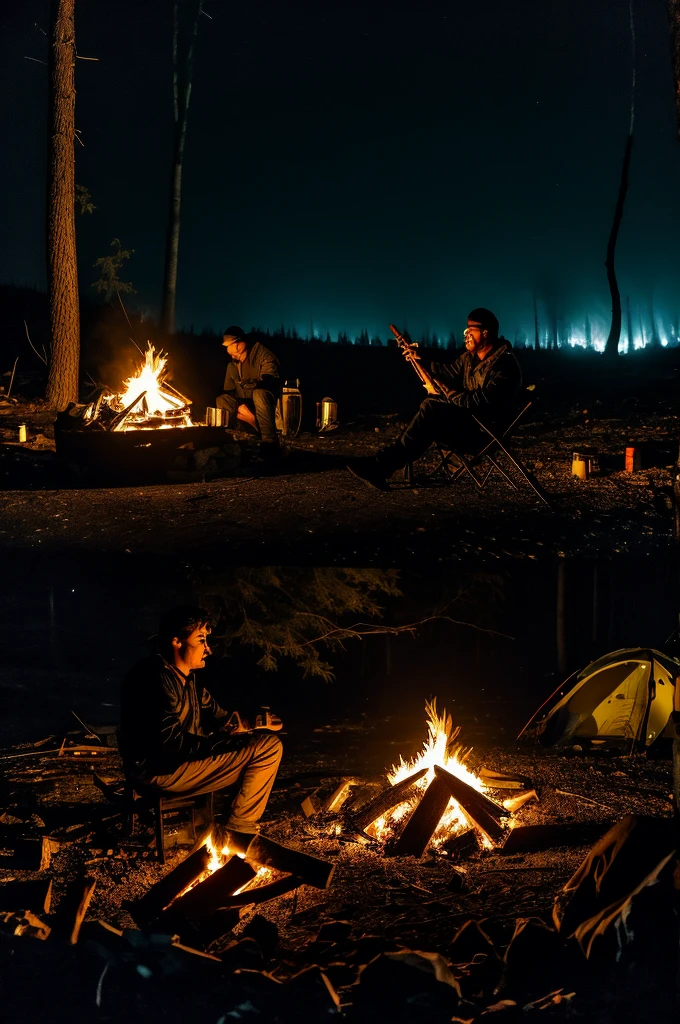 Dark Forest, At night, Campfire burning, flashes of explosions in the distance illuminating some of the dark sky, gloomy looking man sitting next to the camp fire, man is resting a stick in the fire that he's holding