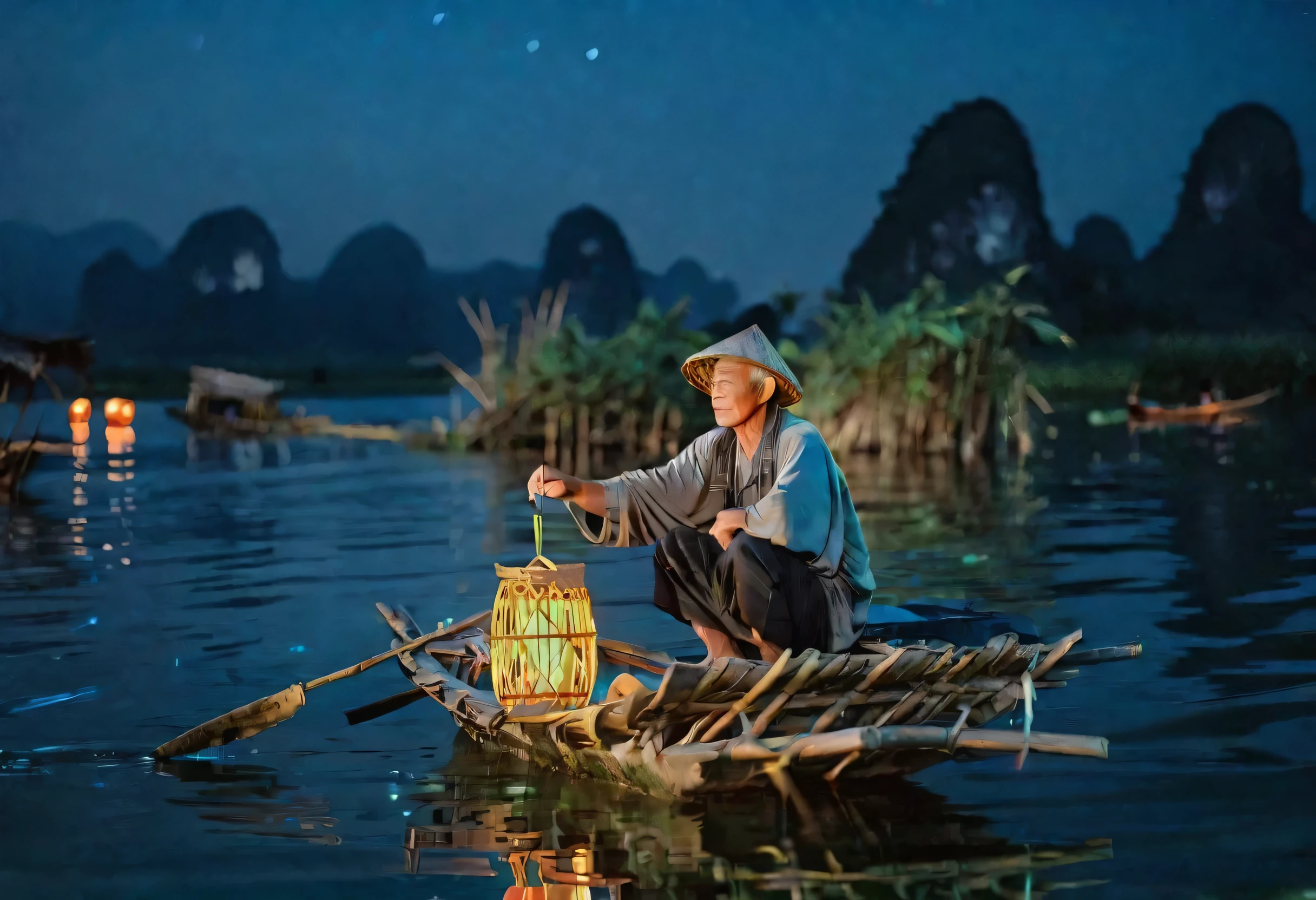 Landscape Photography, Film Photo Yangshuo old cormorant fisherman on bamboo boat, fishing in distant waters at night by the light of lantern, photo, award winning photo, 8k, orange and blue tones. 35mm photo, film, bokeh, professional, 4k, highly detailed, high definition, high quality