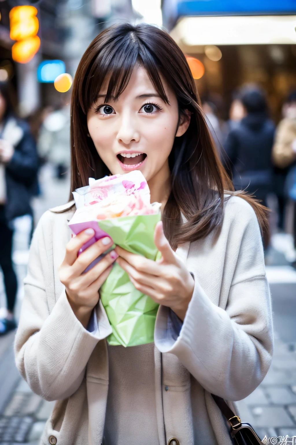 Masterpiece, 8K, high quality, high resolution, beautiful Japanese woman, 30 years old, (detailed face, detailed eyes), ((Open mouth wide, surprised face)), alone on the street, full-body photo