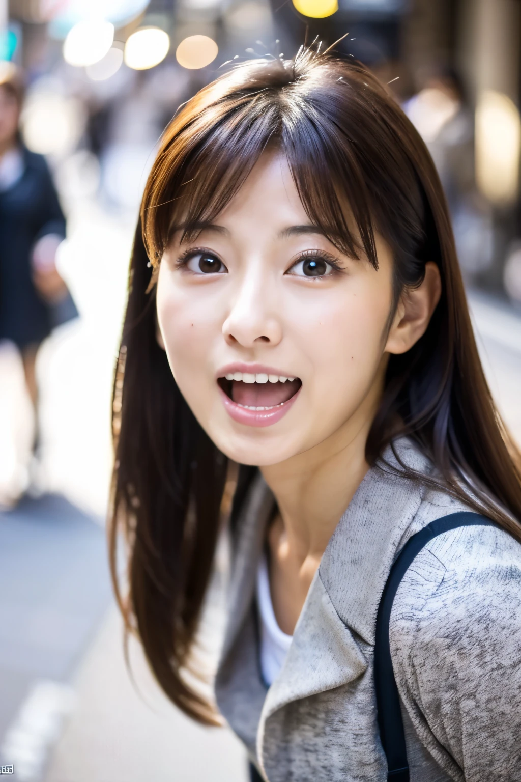 Masterpiece, 8K, high quality, high resolution, beautiful Japanese woman, 30 years old, (detailed face, detailed eyes), ((Open mouth wide, surprised face)), alone on the street, full-body photo