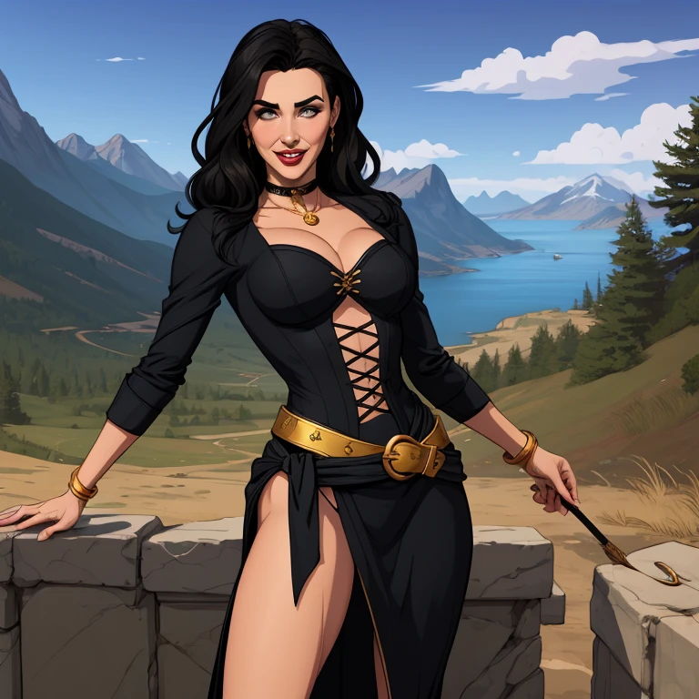 Xena princess sensual witch clothes GTA sensual portrait mode sesys style Cartoon style digital illustration Monica Bellucci together boyfriends Cartoon style character GTA mode portrait sensual witch clothes Cartoon style character happy facial expression beautiful smile and six medium small portrait mode waist up with lots of gold on your back another precious stones portrait mode from the waist up queen of the south Jennifer Connelly GTA scenery dominatrix gold coins chest with jewelry with her boyfriend man with black beard military style armed