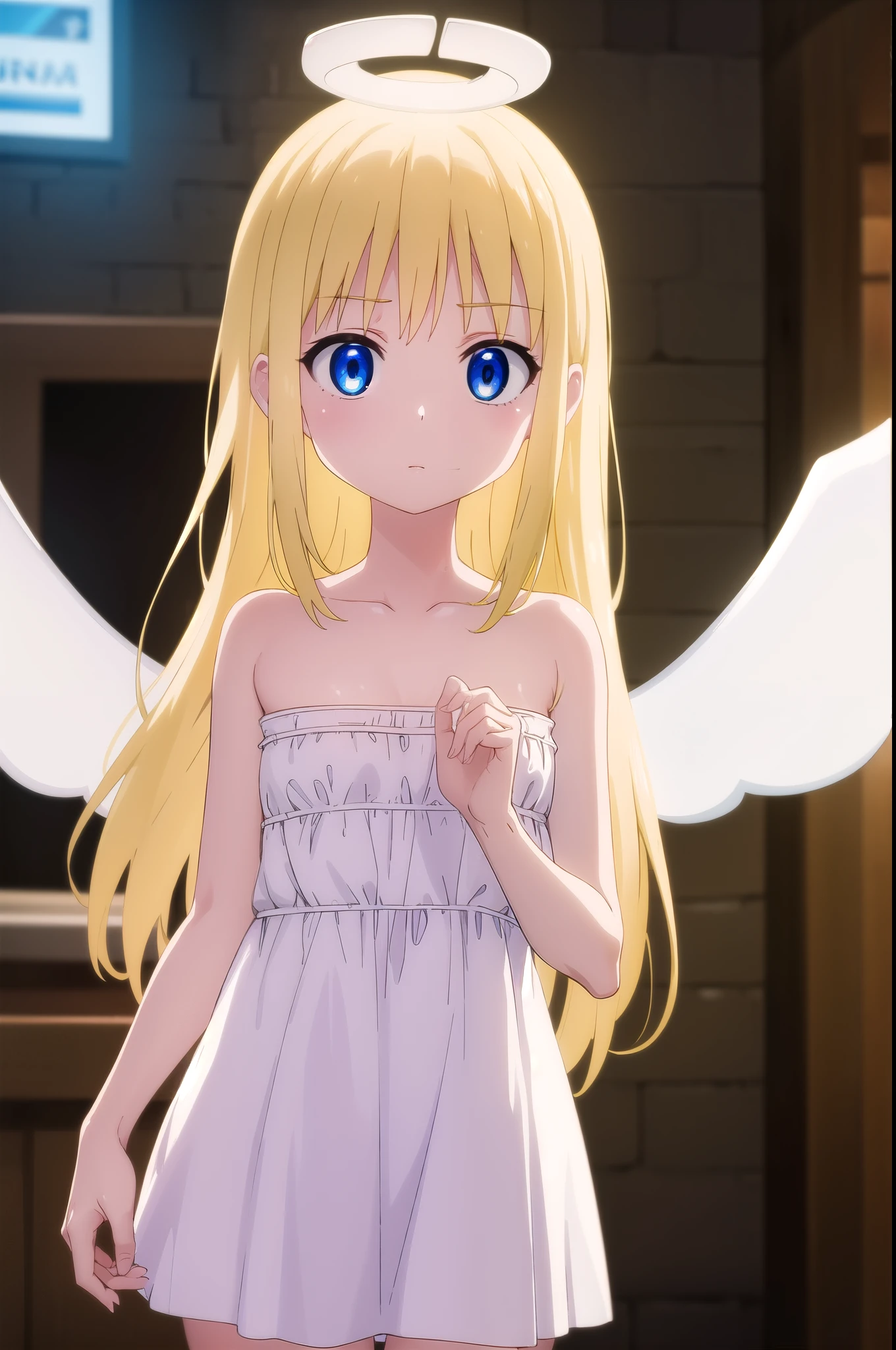 crimvael, crimvael, long hair, blue eyes, blonde hair,
BREAK dress, bare shoulders, collarbone, wings, white dress, strapless, halo, strapless dress, angel wings, white wings, angel,
BREAK outdoors,
BREAK looking at viewer, (cowboy shot:1.5),
BREAK (masterpiece:1.2), best quality, high resolution, unity 8k wallpaper, (illustration:0.8), (beautiful detailed eyes:1.6), extremely detailed face, perfect lighting, extremely detailed CG, (perfect hands, perfect anatomy),