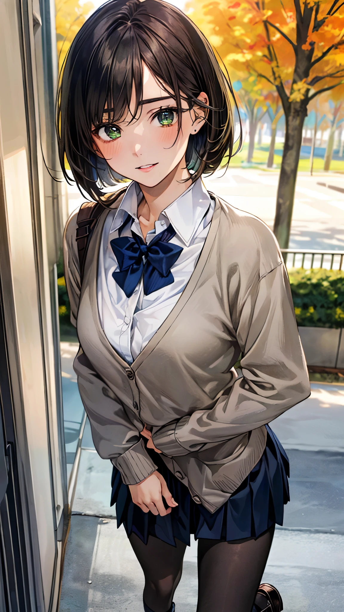 (masterpiece:1.3, top-quality, ultra high resolution, ultra detailed), (realistic, photorealistic:1.4), beautiful illustration, perfect lighting, natural lighting, depth of fields, ,
beautiful detailed hair, beautiful detailed face, beautiful detailed eyes, beautiful clavicle, beautiful body, beautiful chest, beautiful thigh, beautiful legs, beautiful hands,
looking at viewer, (face focus, upper body), 1 girl, high school girl, (perfect anatomy, anatomically correct), cute and symmetrical face, babyface, perfect face, perfect eyes, super detailed skin,
(short hair:1,2, bob cut:1,2, light brown hair), swept bangs, emerald green eyes, drooping eyes, big eyes, long eye lasher, (medium breasts, juicy thighs, attractive thighs),
(detailed cloth texture, (long sleeve navy cardigan, closed cardigan), white collared shirt, gray pleated mini skirt, dark red bow tie, black pantyhose, school shoes), finest underwear,
(beautiful scenery), autumn, (school hallway), (walking), (seductive smile, upper eyes, parted lips),