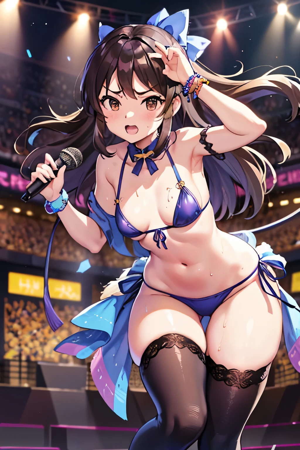 NSFW、Primary school students、、Long Hair、((Small breasts、Small breasts、Angry))、((Sweating profusely、Idol Costumes、Bikini))、Draw the whole body、Dancing、Hold the microphone、Standing on the idol stage、Raise your arms、Show your side、Realistic body