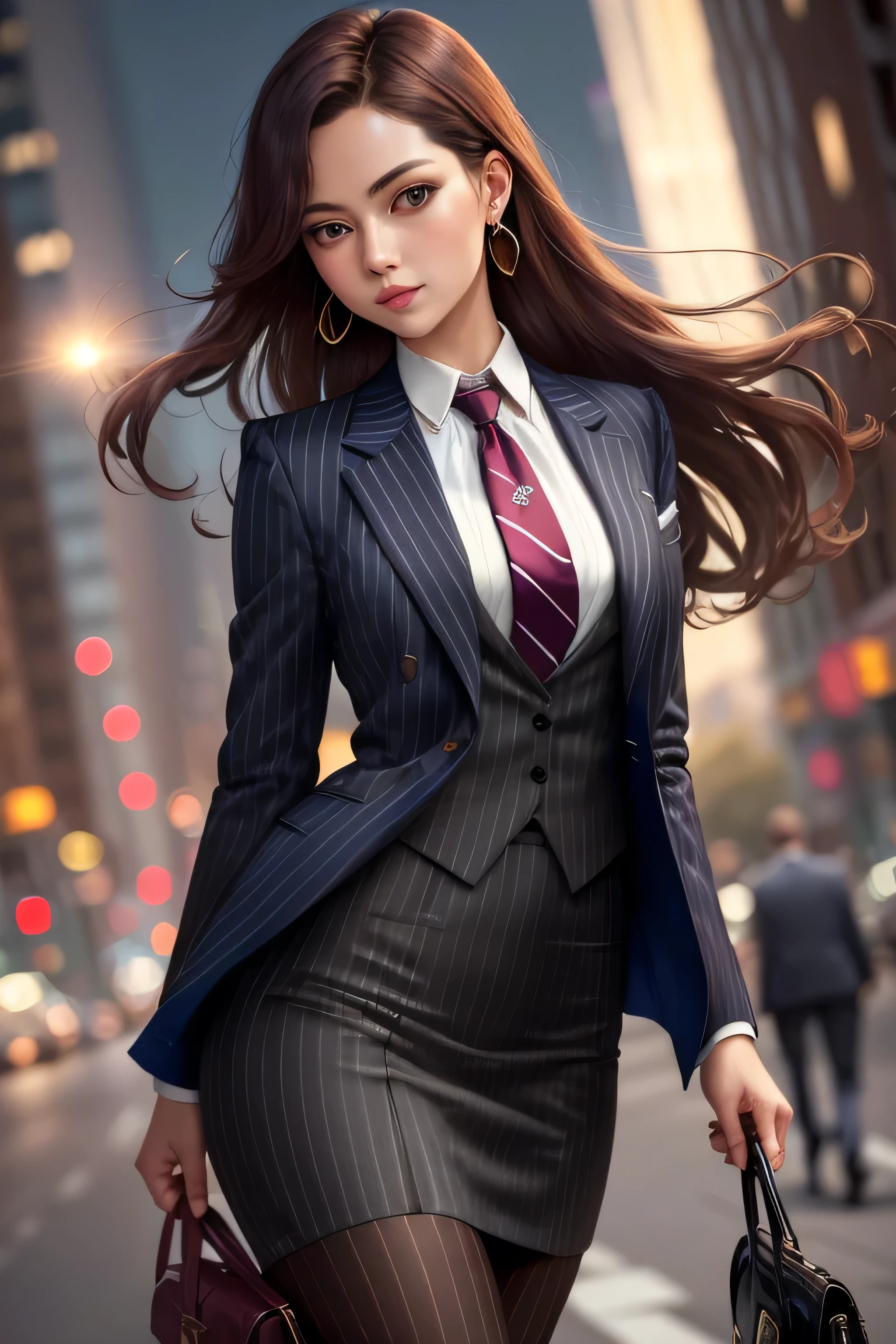 (Masterpiece, Best Quality),(((From Bottom, Depth of field, dutch angle, lighting))), She's a girl, 1girl, Floating hair, 1girl, solo, formal, Hand in pocket, suit, black gloves, building, looking a viewer, maroon necktie, partially fingerless gloves, white shirt, City, exteriors, navy jacket, belt, ((pinstripe skirt suit)), suit and tie, (((three-piece suit))), silk dress shirt, (((shirt and tie))), (((shirt collar))), (((long necktie))), ((blazer)), ((open blazer)), ((suit jacket)), (((waistcoat with lapel))), (dress shirt), ((bodycon miniskirt)), (((pencil skirt))), pantyhose, tights, stockings, tie clip, pocket square, tailored suit, (((cufflinks))), pocket watch, pantyhose, high heels, earrings, ear piercing,, shirt with collar, Brown eyes, Standing, long sleeves, gray hairs, urban landscape, open jacket, Cowboy shot, skyscraper, night time, extra very long hair