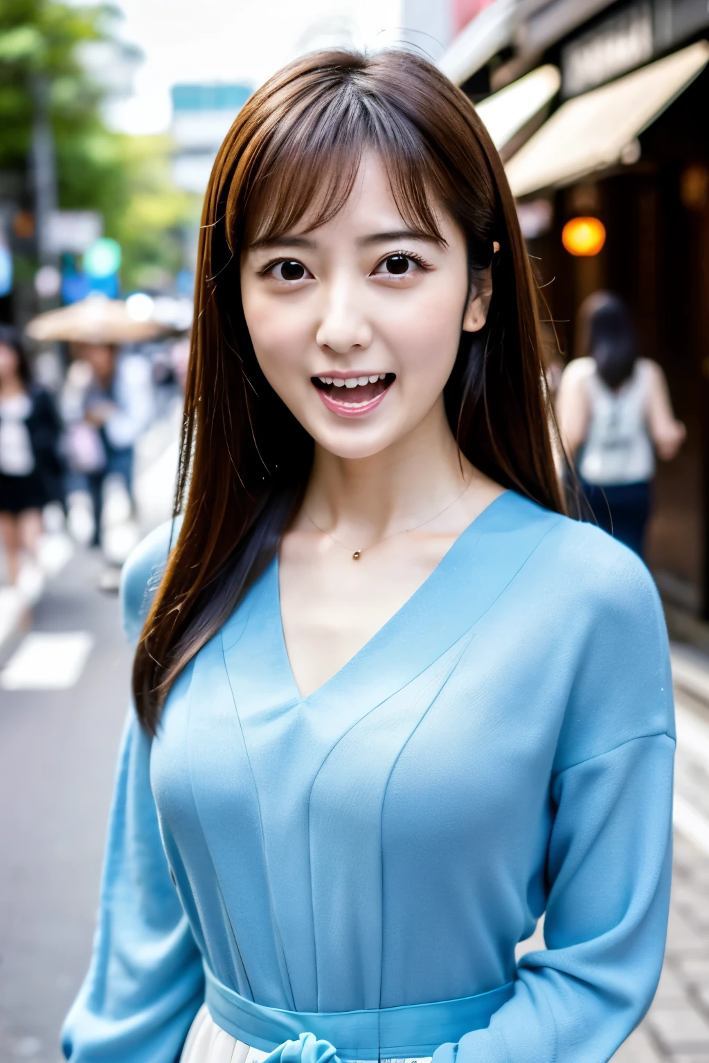 Masterpiece, 8K, high quality, high resolution, beautiful Japanese woman, 30 years old, (detailed face, detailed eyes), ((Open mouth wide, surprised face)), alone on the street, full-body photo