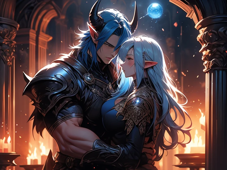 a tall male elf with huge muscles demon horns and dark blue long hair wearing armor hugging a female blonde elf in a medieval room near a pillar, dangerous huge burning comet falling down outside from the sky, dark sky, dangerous athmosphere, lovers, male with blue hair