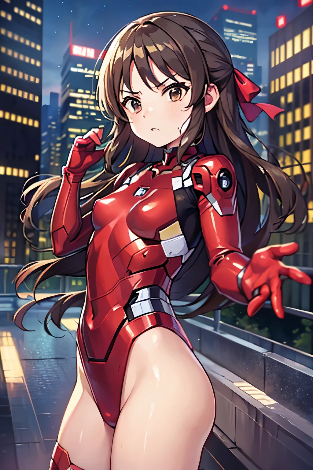 NSFW、Primary school students、child、Long Hair、((Small breasts、Small breasts、child体型、Angry、Wounded Body、Blue ribbon))、((iron man suit))、City of night、Rooftop、Boxing stance、8 year old 、Fight the enemy、A body covered in scars、Struggled、Sweating profusely