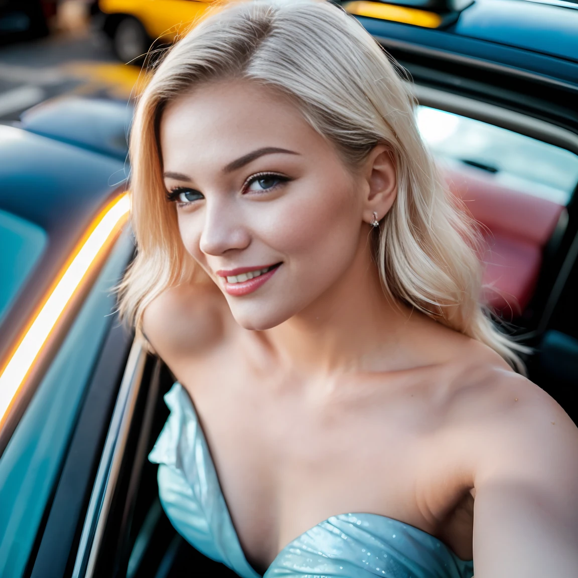 (selfie, top view: 1.4), (straight half of the body: 1.4), RAW UHD portrait photo of a 24-year-old blonde (light blue-eyed woman) leaving a taxi cab, full body , lifting weight in gym (), (neckline), details (textures! , hair! , glitter, color!! , disadvantages: 1.1), glossy eyes with high detail (looking at the camera), SLR lighting, SLR camera, ultra-quality, sharpness, depth of field, film grain (center), Fujifilm XT3, crystal clear, frame center, beautiful face, sharp focusdetailed skin pores, oily skin, sunburn, complex eye details, full body, large breasts , beautifull dress, leavig taxi, nightlife, girlfriend laugh