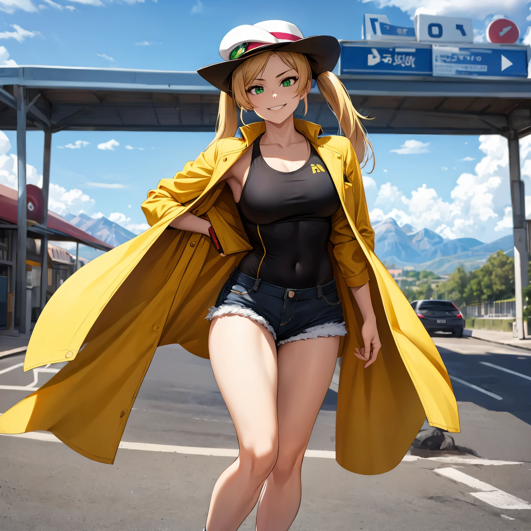 A woman wearing an open yellow coat, short shirt, exposed abdomen, short black shorts, sports shoes, long blonde hair, pigtails, green eyes, smiling, black hat, walking outside a gas station, in a region of Faroest with faroest mountains in Monument Valley,HDR, masterpiece, well defined, ultra resolution, high quality, 8k HD. (just a woman, solo)
