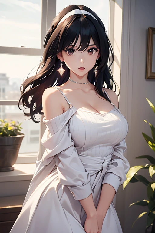 masterpiece, yor, 1girl, Bust A Cup, Amazing Cleavage:1.0, thin waist, big ass, Raised sexy, medium breast: 1.0 posed cleavage:1.2、solo, looking at viewer, open mouth, black hair, red eyes, dress, bare shoulders, jewelry, collarbone, sidelocks, hairband, earrings, indoors, off shoulder, :o, sweater, arms behind back, plant, short hair with long locks, white hairband, off-shoulder dress, sweater dress, off-shoulder sweater, red sweater, big side hair, very long side hair,is rendered in (masterpiece: 1.2, best quality), with (ultra high resolution) and an exquisite (depth of field). This masterpiece is not only visually stunning but also tells
