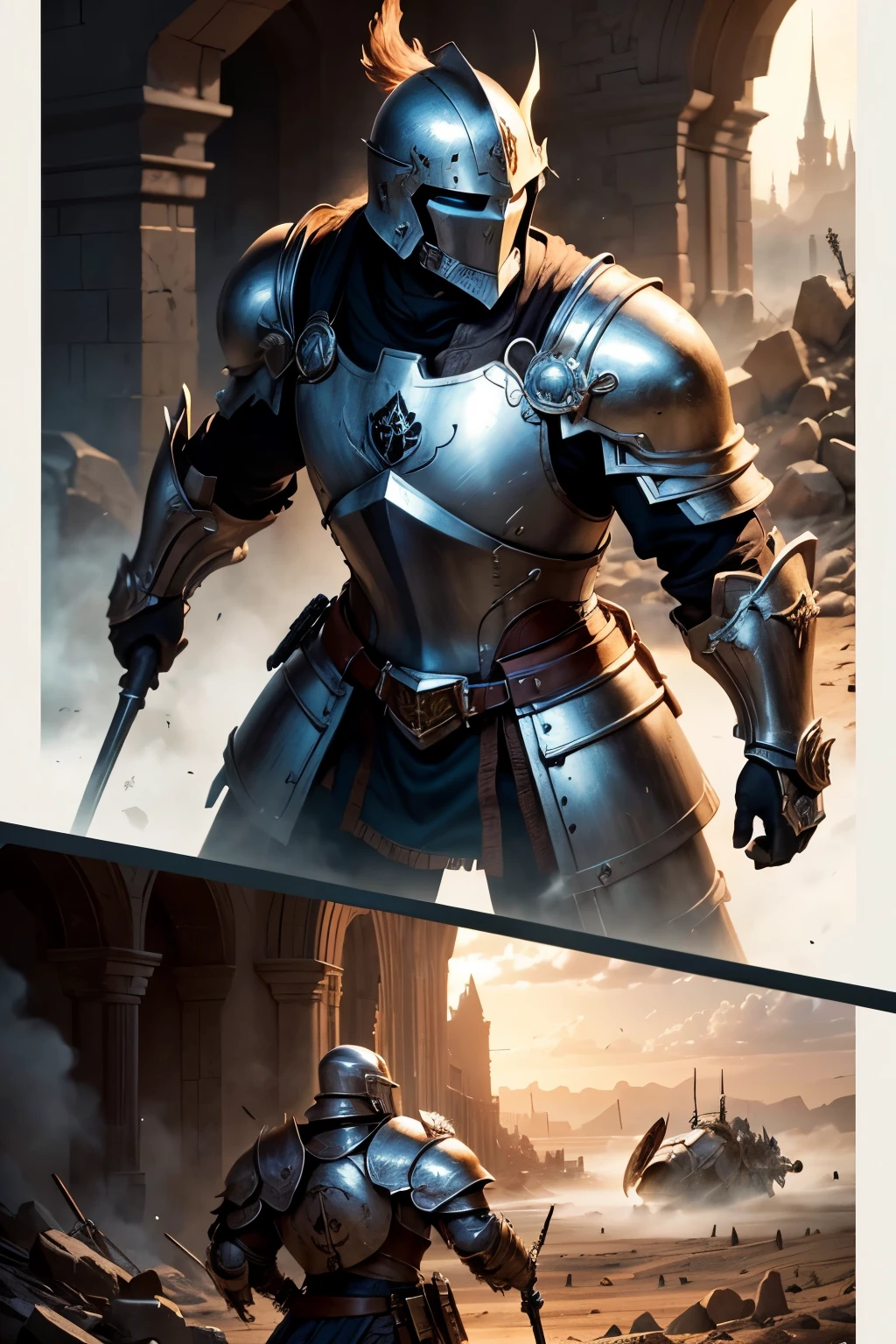 ((Best quality)), ((masterpiece)), ((realistic cartoon)):Parrying,Blocking Shield, Heavy Armored paladin with a large shield, Crusader Helmet, Battle, Full Body, White Armor, Full Armor,Burning Battlefield. The scene is set in a thematically rich environment, castle in ruin, battlefield. The lighting, crafted with a cinematic touch, emphasizing aura surrounding the veteran soldier.

Every element of this masterpiece is carefully designed to create a sense of realism and immersion. The intricacies of the  veteran soldier armor, the mesmerizing effects of his power, and the level of detail in his weathered face all contribute to a captivating visual experience. This artwork is presented in stunning UHD resolution, allowing you to appreciate every nuance and intricacy in breathtaking detail.
View from the side, scenic, masterpiece,mtg art,magic the gathering art.