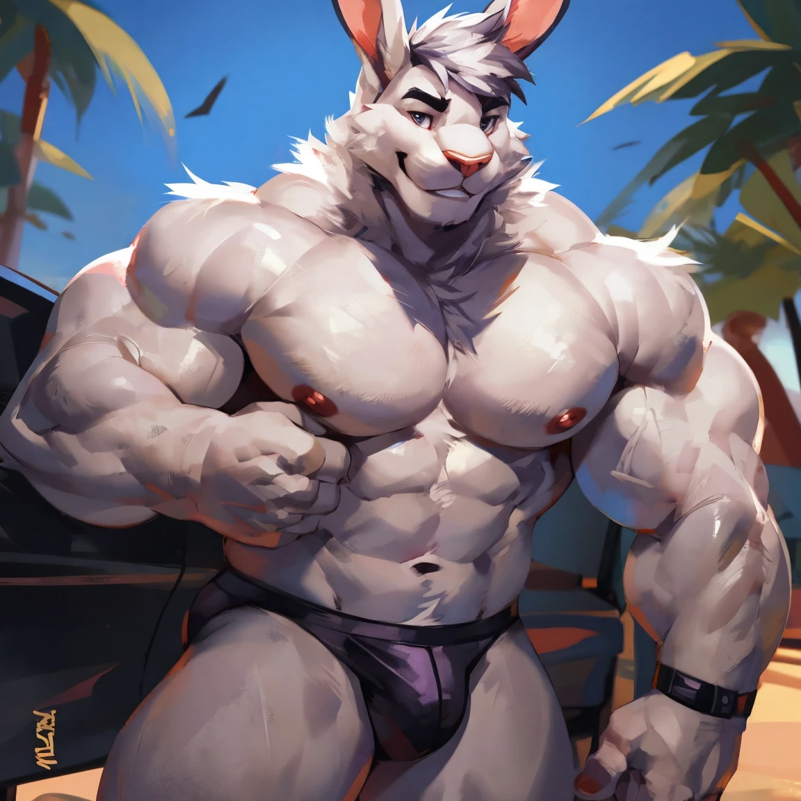 Light gray rabbit, shirtless, big chest, nipples, pectoral muscles, black underwear, By mystikfox61