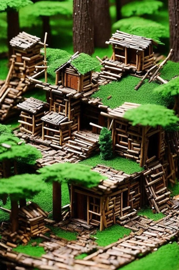 A miniature city in the woods made of sticks