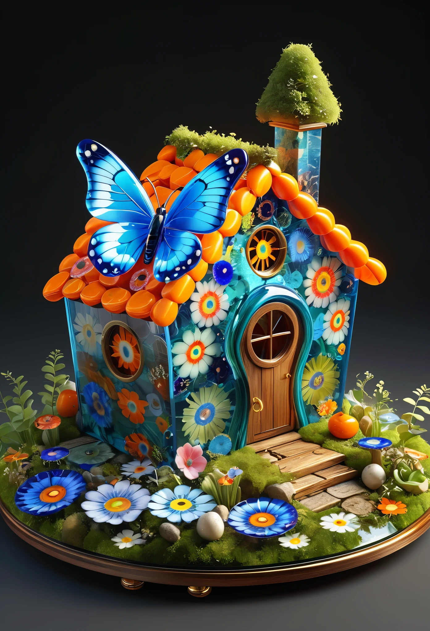 Millefiori glass style，masterpiece, best quality, (Very detailed CG unity 8k wallpaper), (best quality), (Best Illustration), (Best shadows), Round carrot house covered with moss, （blue butterfly：1.5），Isometric 3D , Octane Rendering, Ray Tracing, Very detailed
