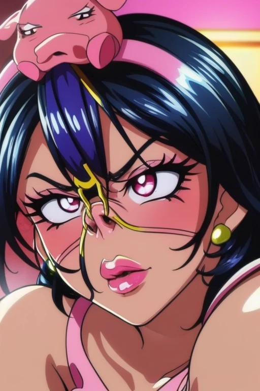 (cure black/ futari wa pretty cure:1.5),(Nose Hook:1.5),(Facial Realism)超Swollen lips, Super thick lips, Kissing Face,, Glowing Skin,masterpiece, highest quality, naughty smile,(vapor:1.2), (Happy:1.4),(Ahegao:1.6),(Roll your eyes,1.6),(blowing foam through the mouth:1.2),(Attractive mature woman,Super strong super huge huge vulgar face:1.2),(Ahegao:1.8),(Roll your eyes:1.6),(Huge very angry face:1.6),(put on a mean look:1.8),(put on a mean look:1.8),masterpiece, highest quality,Super evil smile, blush, I breathe,Glowing Skin,highest quality, 8K, 32k, masterpiece, Detailed face, Lips Detail, Fine grain, double eyelid,(Bimbo face:1.5,Heavy makeup:1.5,Black gal:1.5 ),Pink thick lips,Swollen lips,(Widening pig nostrils:1.5)