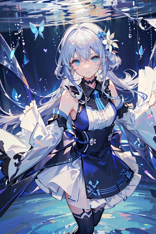 (Overhead view),dynamic angle,ultra-detailed, illustration, close-up, straight on, 1boy, (fantasy:1.4), (azure blue eyes:1.233),Her eyes shone like dreamy stars,(glowing eyes:1.233),(beautiful and detailed eyes:1.1),(Silver hair:1.14),(messy hair,very long hair,french braid,hair between eyes,sidelocks), (+(bule hair flower:1.14)),(chiffon dress,bule flower pattern in uniform)/=(military uniform:1.24),(detached sleeves,wide sleeves),(fingerless gloves),choker,(miko thighhighs),High heeled boots,(expressionless,closed mouth),(standing), (classical Princess boudoir with dressing tableand french windowin a white ancient palaces),(white flowers,bloom),(abysmal sea),(flowing water),(a dull blue world tree:1.14),(ruins),(night:1.2),dreamy,soul,(fluorescence),(flying translucent blue butterflies:1.15), [[delicate fingers and hands:0.55]::0.85],(detail fingers),