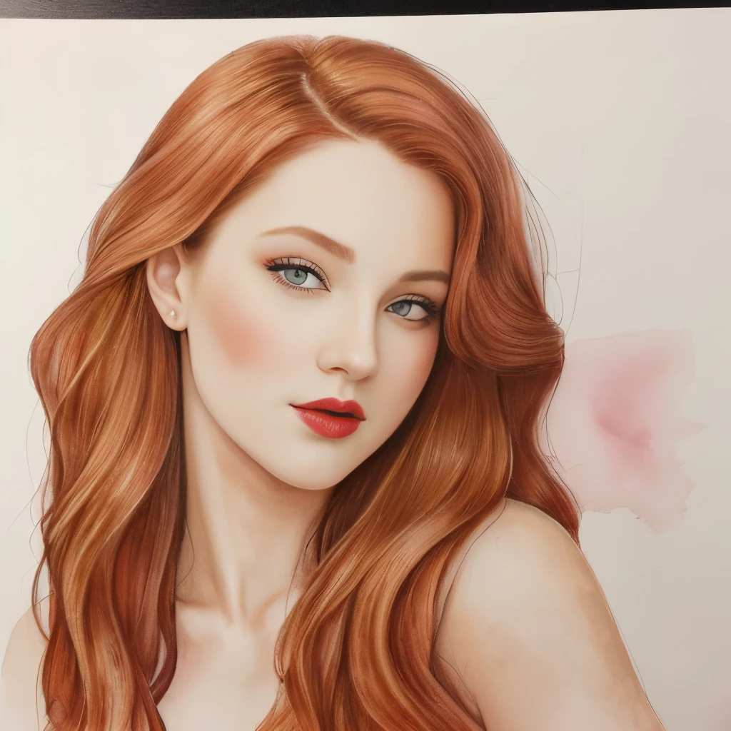 A watercolor and pencil drawing of an incredibly beautiful 25-year-old woman with wavy red hair cascading down to her shoulders, captivating red lips, olhos cor de mel (honey-colored eyes), and a seductive, slim body in great shape. Her delicate features are accentuated by the fine details of the watercolor, while the pencil shading brings depth and texture to her lush red locks and elegant curves. Her alluring gaze fixes the viewer in place, drawing them into her mystical world. A genuine masterpiece, this enchanting portrait is sure to leave a lasting impression.