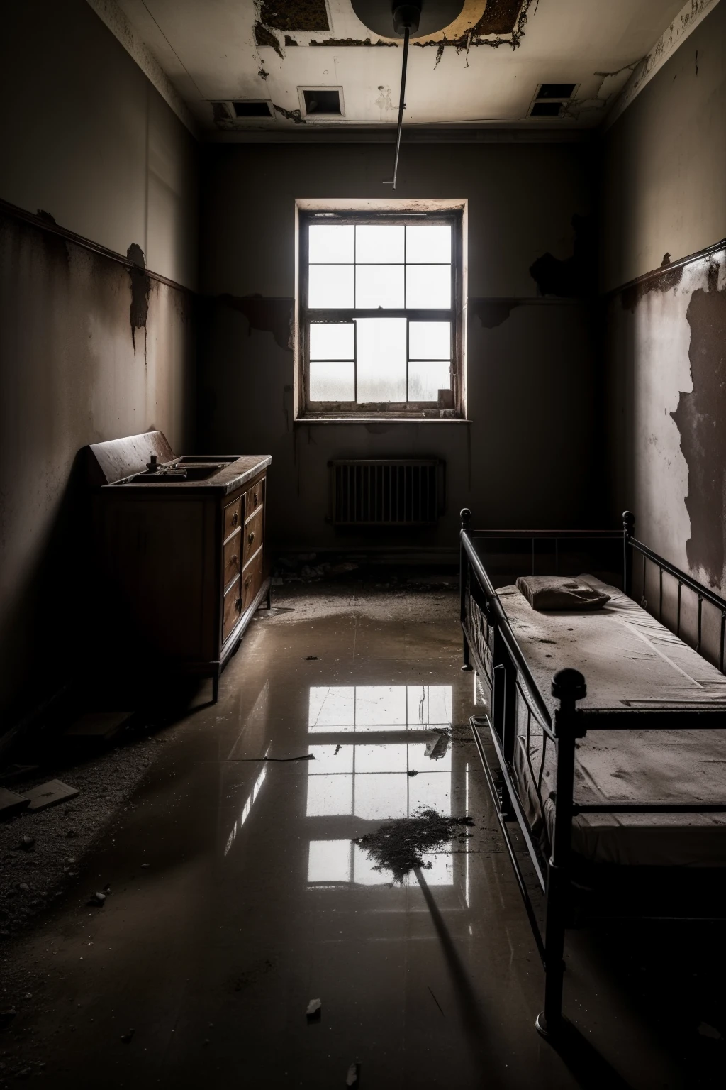 Describe a gloomy scene in an abandoned hospital, where a shadowy black figure looms over a frightened patient's bed. The room is illuminated only by a dim light, casting long, eerie shadows and emphasizing the patient's pasty complexion and terrified expression as he fixates on the figure's sinister movements, creating an atmosphere of suspense and horror. High quality.
((Qualidade excepcional))
((Obra-prima))
((True to reality))
The abandoned hospital, with its peeling walls and rusted metal beds, exudes an air of decay. The gloominess of the room is heightened by the only source of light, a flick