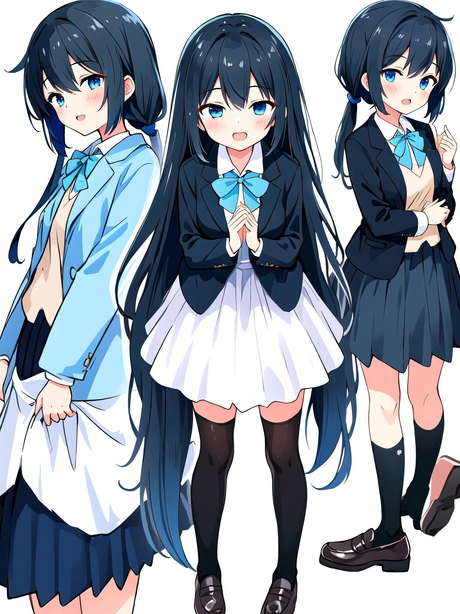 White background、Solid white background、Blank background、just standing girl, only one girl、One Girl、Ultra-high resolution, highest quality,black hair、Fishbone Hair、Full body shot,arms behind back、Put your hands behind your back、Hide your hands、busty、beautiful detailed eyes、Black hair × Blue eyes、blue eyes、Open your mouth without showing your teeth、Smile with mouth wide open、 Black long sleeve blazer,Black pleated skirt、Knee-high socks、loafers
