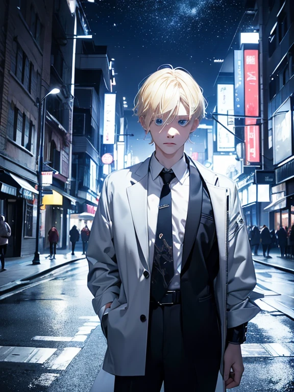 One man,albino,blonde, blue eyes, ,Night Light ((8k, Hmm., Surreal))、Wearing cool clothes。I'It'blue sea、walk on the white sand beach、Are crying、Reduce exposure、sunset、Summer sunset