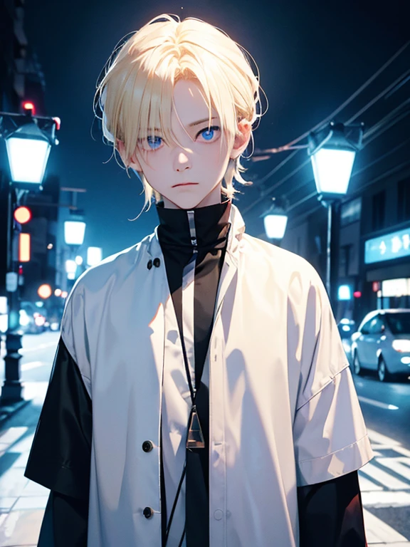 One man,albino,blonde, blue eyes, ,Night Light ((8k, Hmm., Surreal))、Wearing cool clothes。I&#39;It&#39;blue sea、walk on the white sand beach、Are crying、Reduce exposure、sunset、Summer sunset