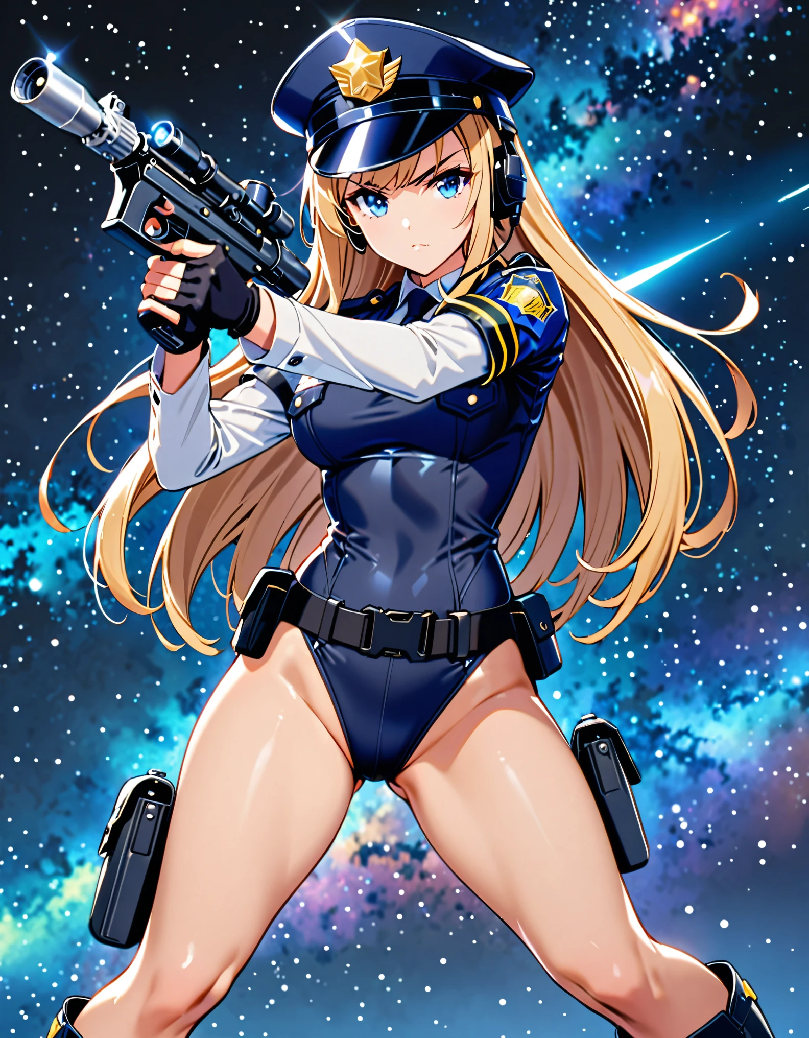 (masterpiece), (best quality), (high res),1girl, tall body, ((long hair, blonde hair, bangs)), (blue eyes), beautiful detailed eyes, beautiful detailed face, cute face, perfect hands, complete fingers, perfect anatomy, perfect proportions, ((hat, jet black police hat)), ((leotard, matching leotard, bare legs)), ((boots, matching boots)), breasts, medium breasts, (tactical headset), fingerless gloves, (full body portrait), looking at viewer, solo, solo focus, aggressive action pose, police uniform, shoulder pads, cowboy shot, galactic street backdrop, outdoors, (belt, tight belt), (armbands, white sleeves), holster, ahoge, using dl44blstr, serious, shootout, blaster bolts, full body costume design.